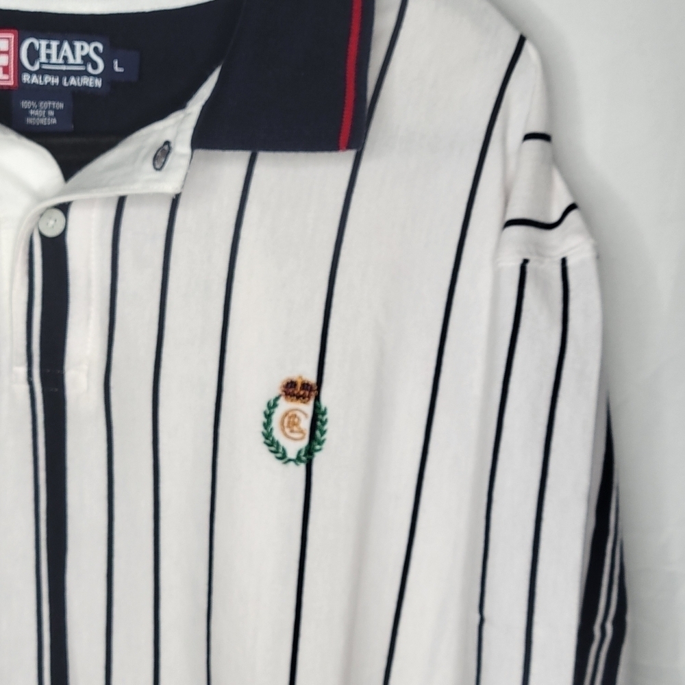 Vintage 90s Chaps Ralph Lauren Striped Polo Shirt Size Large in Blue White Red - Picture 3 of 4